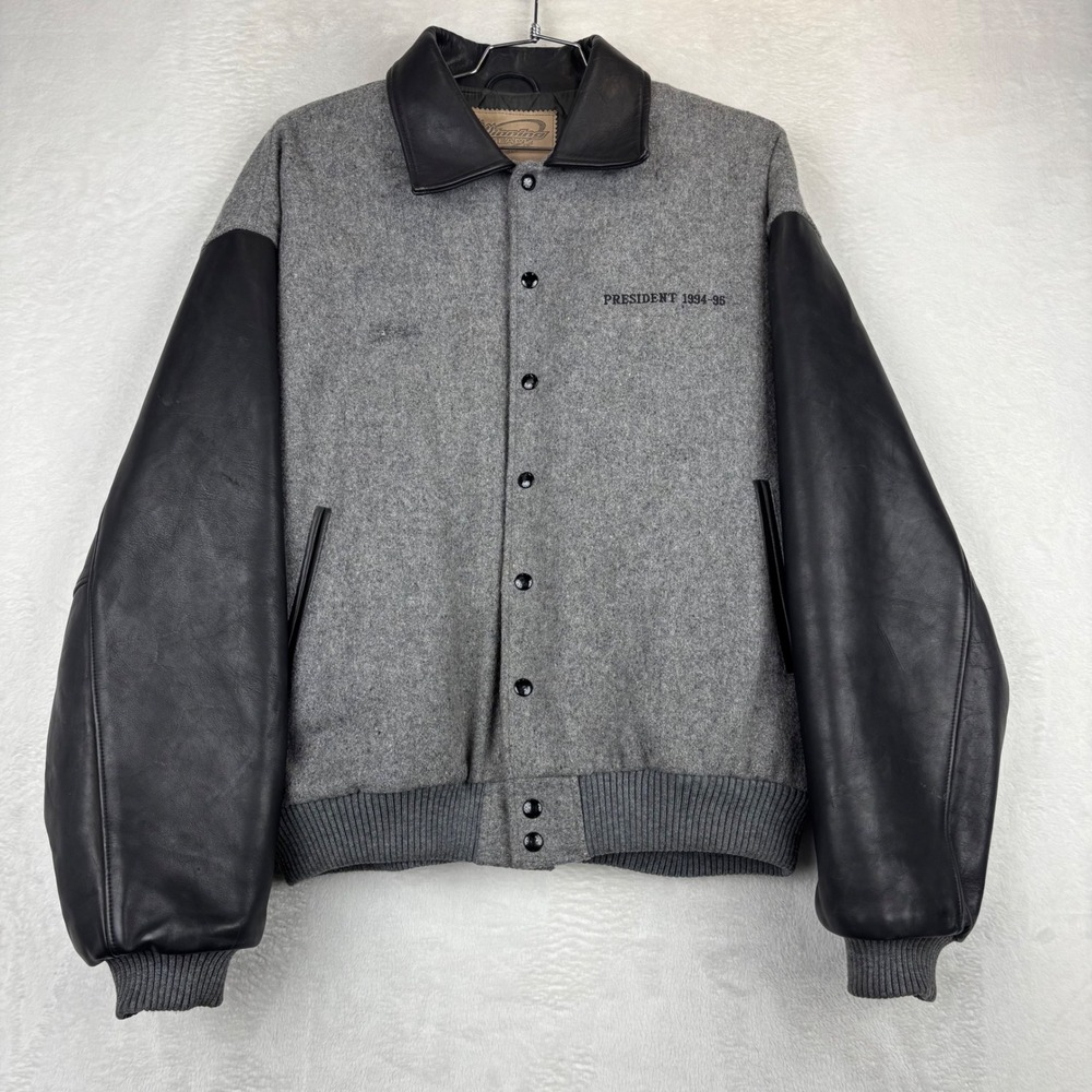 Vintage Winning Team Varsity Jacket XL Grey Wool Black Leather LAKC President 94